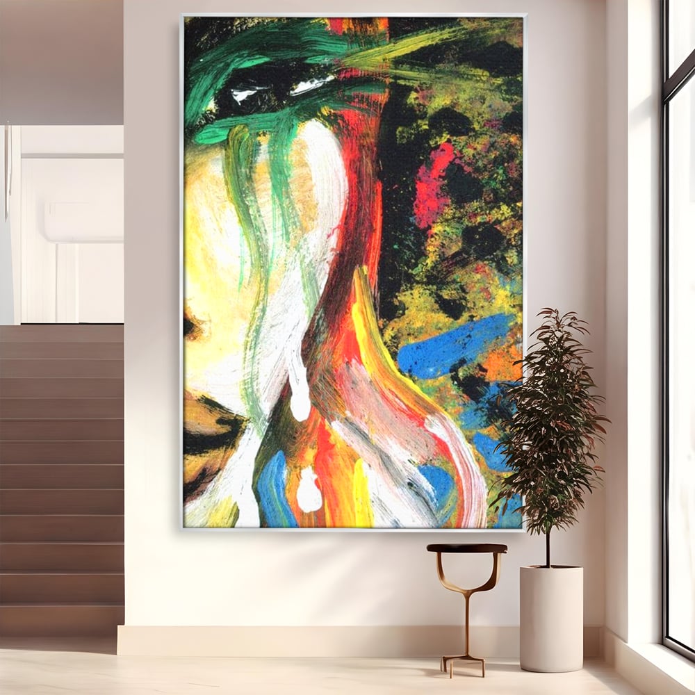 Tablou canvas cu pictura abstracta cu portret si lacrimi, in rama de aluminiu argintiu
